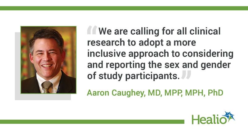 The quote is: “We are calling for all clinical research to adopt a more inclusive approach to considering and reporting the sex and gender of study participants.”  The source of the quote is Aaron Caughey, MD, MPP, MPH, PhD.