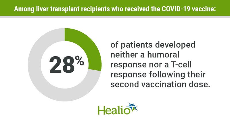 Among liver transplant recipients who received the COVID-19 vaccine: 28%  of patients developed neither a humoral response nor a T-cell response following their second vaccination dose.