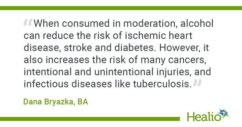 “When consumed in moderation, alcohol can reduce the risk of ischemic heart disease, stroke and diabetes. However, it also increases the risk of many cancers, intentional and unintentional injuries, and infectious diseases like tuberculosis.” — Dana Bryazka, BA