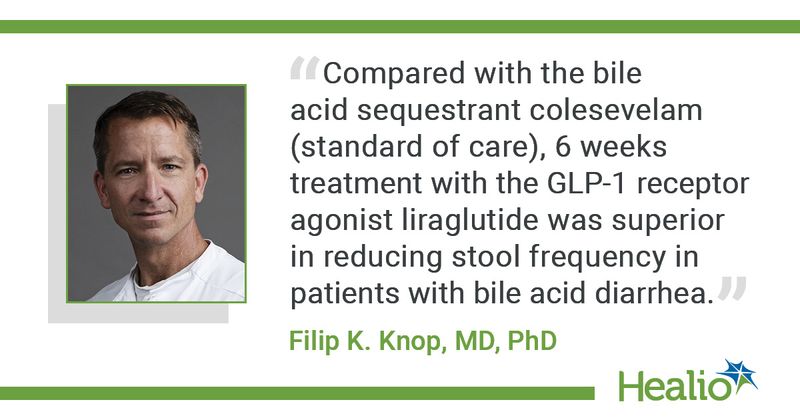 “Compared with the bile acid sequestrant colesevelam (standard of care), 6 weeks treatment with the GLP-1 receptor agonist liraglutide was superior in reducing stool frequency in patients with bile acid diarrhea.” Filip K. Knop, MD, PhD