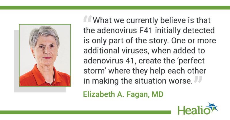 “What we currently  believe is that the adenovirus F41 initially detected is only part of the story. One or more additional viruses, when added to adenovirus 41, create the ‘perfect storm’ where they help each other in making the situation worse.” Elizabeth A. Fagan, MD