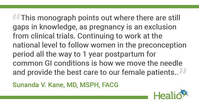  You commented 2h Justin Dalton Justin Dalton  Please let me know if the quote is too long and I can cut it down! Request Info #2 (W:\Shared\Healio Audience\Content Tree\Gastroenterology\_Copy\2022\HGI0922\HGI0922AJG) “This monograph points out where there are still gaps in knowledge, as pregnancy is an exclusion from clinical trials. Continuing to work at the national level to follow women in the preconception period all the way to 1 year postpartum for common GI conditions is how we move the needle and provide the best care to our female patients.” Sunanda V. Kane, MD, MSPH, FACG