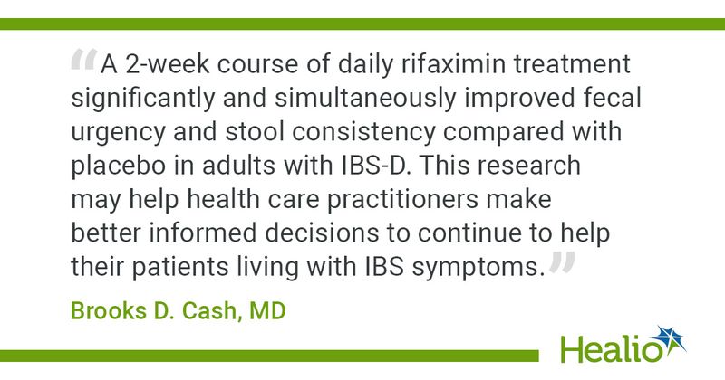 “A 2-week course of daily rifaximin treatment significantly and simultaneously improved fecal urgency and stool consistency compared with placebo in adults with IBS-D. This research may help health care practitioners make better informed decisions to continue to help their patients living with IBS symptoms.” Brooks D. Cash, MD