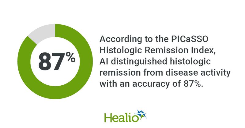 According to the PICaSSO Histologic Remission Index, AI distinguished histologic remission from disease activity with an accuracy of 87%.