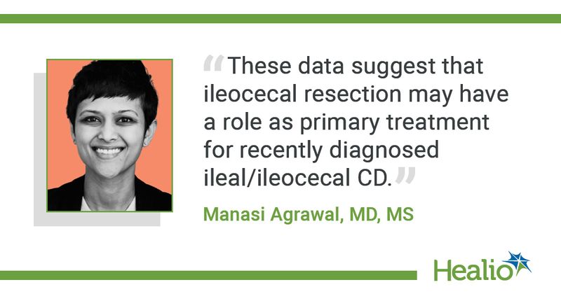 Agrawal M, et al. Abstract 13: Ileocecal resection for recently diagnosed ileocecal Crohn’s disease is associated with improved long-term outcomes compared to anti-tumor necrosis factor therapy: A population-based study. Presented at: Digestive Disease Week; May 5-9, 2023; Chicago, (hybrid).