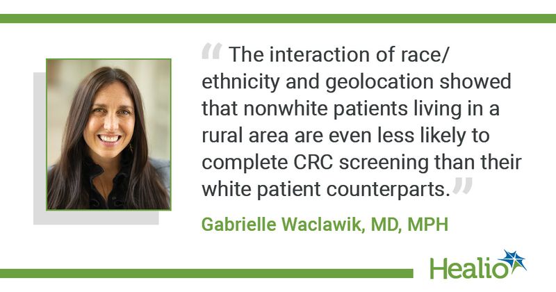 “The interaction of race/ethnicity and geolocation showed that nonwhite patients living in a rural area are even less likely to complete CRC screening than their white patient counterparts.” Gabrielle Waclawik, MD, MPH