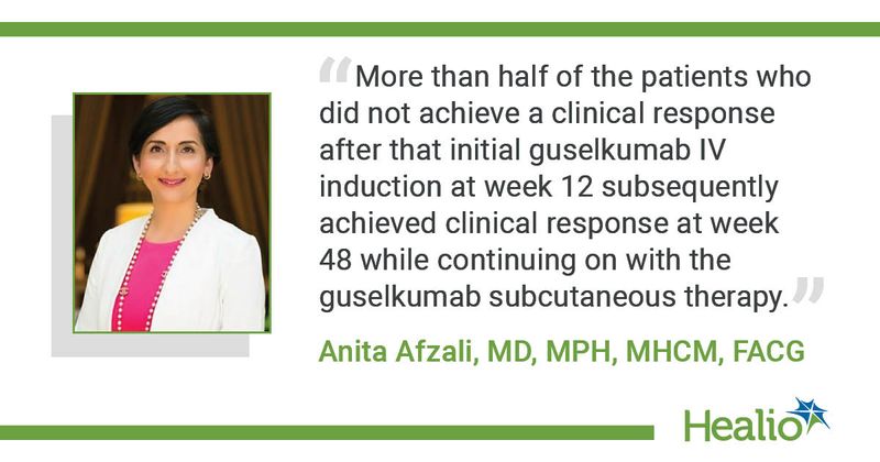 “More than half of the patients who did not achieve a clinical response after that initial guselkumab IV induction at week 12 subsequently achieved clinical response at week 48 while continuing on with the guselkumab subcutaneous therapy.” Anita Afzali, MD, MPH, MHCM, FACG