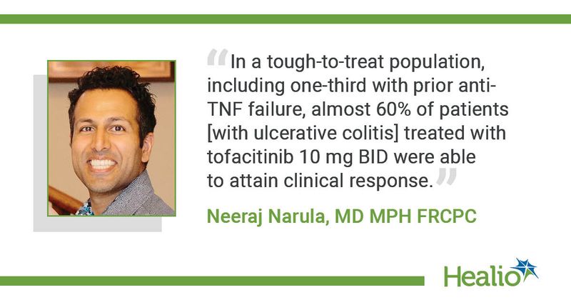 “In a tough-to-treat population, including one-third with prior anti-TNF failure, almost 60% of patients [with ulcerative colitis] treated with tofacitinib 10 mg BID were able to attain clinical response.” – Neeraj Narula, MD, MPH, FRCPC