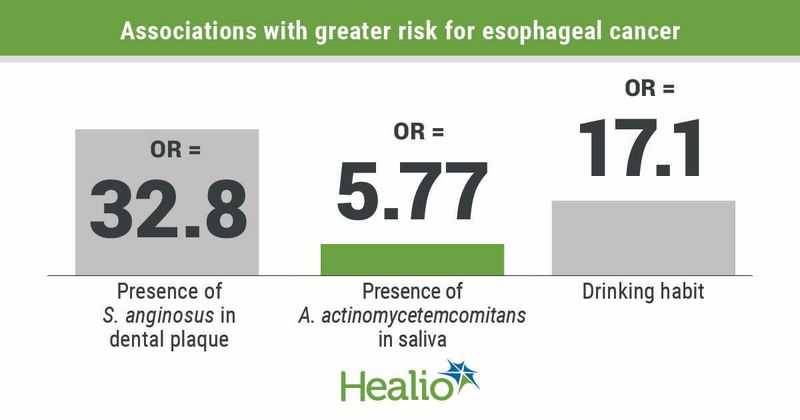 Researchers found that prevalence of three oral bacteria, as well as drinking habit, appeared to be associated with high risk for esophageal cancer.