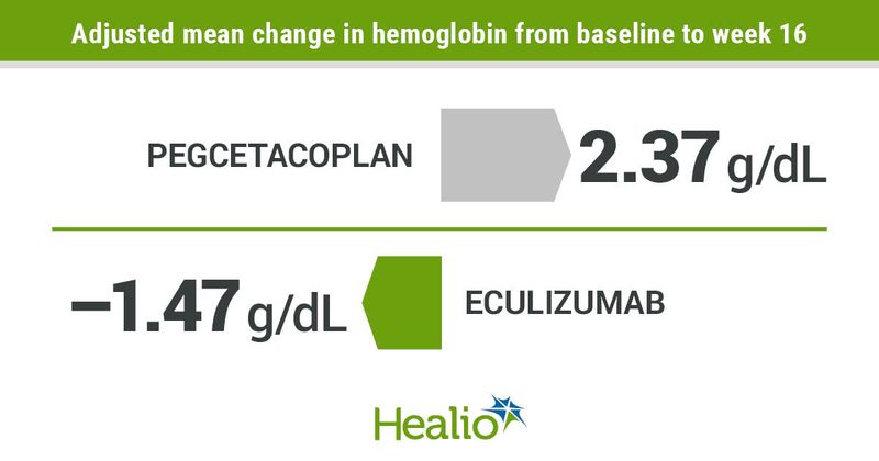 Pegcetacoplan led to greater improvements in hemoglobin compared with eculizumab among patients with paroxysmal nocturnal hemoglobinuria.