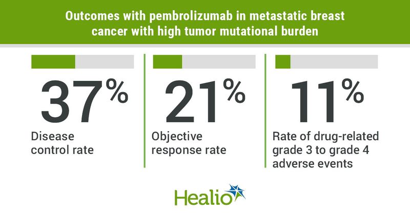 Pembrolizumab demonstrated antitumor activity among women with heavily pretreated metastatic breast cancer characterized by high tumor mutational burden.