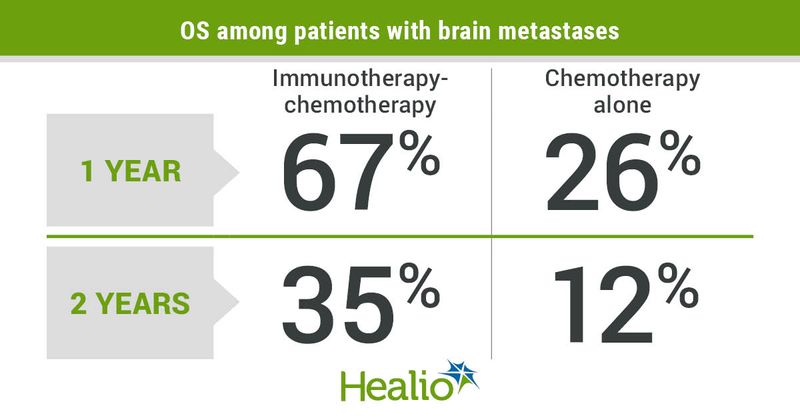 The addition of nivolumab and ipilimumab to first-line chemotherapy conferred durable survival benefits to patients with advanced non-small cell lung cancer and brain metastases.