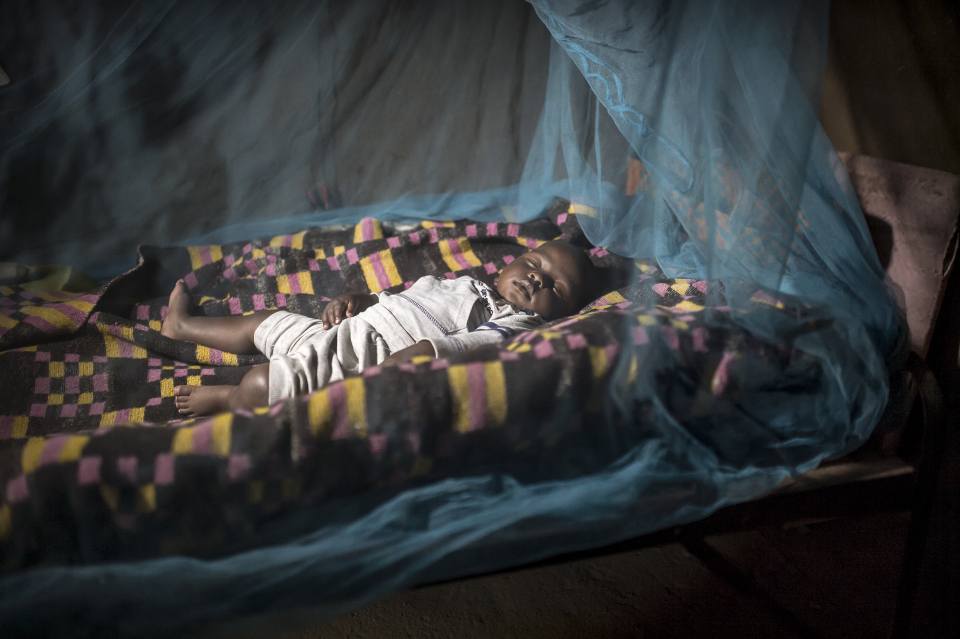 child under a mosquito net