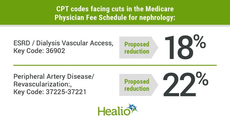 Headline: CPT codes facing cuts in the Medicare Physician Fee Schedule for nephrology     ESRD / Dialysis Vascular Access, Key Code: 36902                                  Proposed reduction=                    18%  Peripheral Artery Disease/Revascularization:, Key Code: 37225-37221    Proposed reduction=                    22%