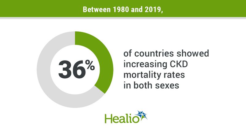 Infographic showing the percentage of countries with increasing CKD mortality rates in both sexes between 1980 and 2019.