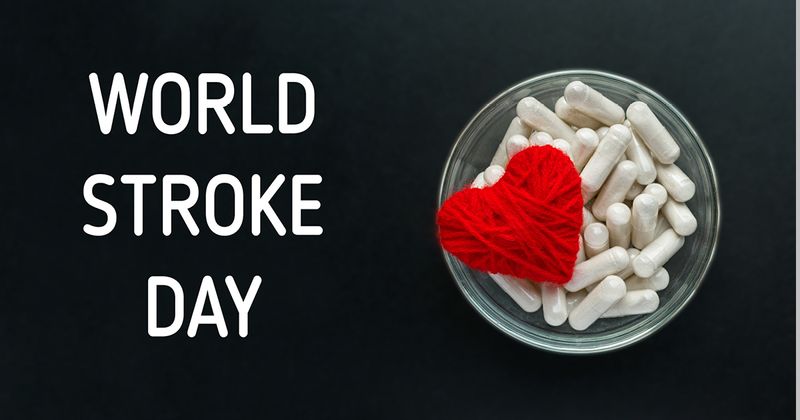 Image of heart and pills next to large white text of World Stroke Day