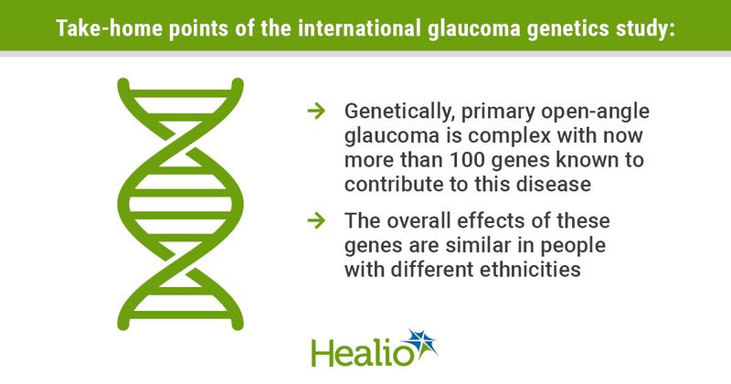 Top line reads: Take-home points of the international glaucoma genetics study:   Point: Genetically, primary open-angle glaucoma is complex with now more than 100 genes known to contribute to this disease  Point: The overall effects of these genes are similar in people with different ethnicities Simple image of a double helix on left.