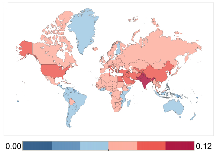 Map of fraction of total national asthma ED visits attributable to ozone