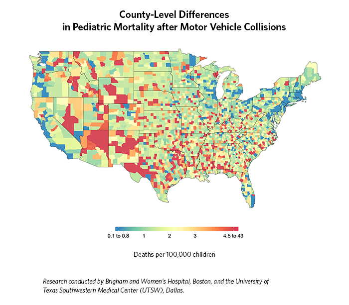 U.S. map showing rate of motor vehicle crash-related pediatric mortality