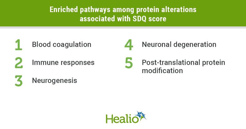 Graphic depicting enriched pathways among protein alterations associated with SDQ score.