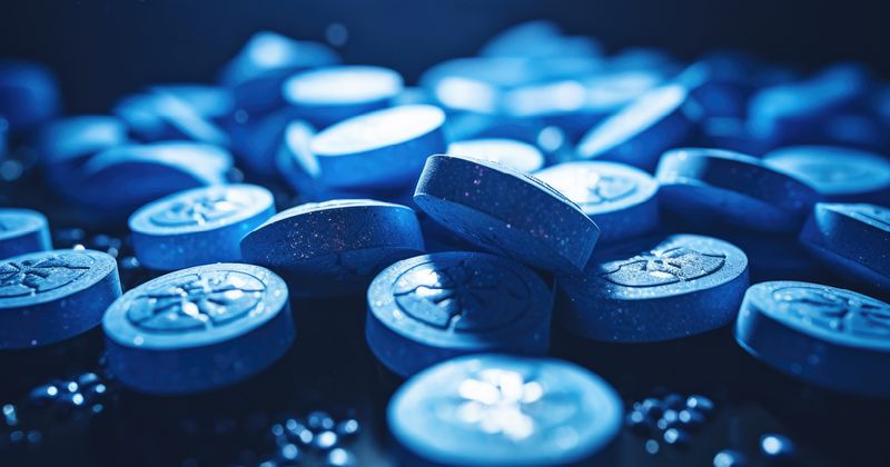 Pictures of blue MDMA tablets against a dark blue background