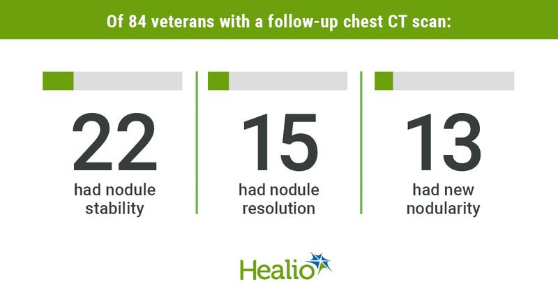 Infographic showing characteristics of 84 veterans with a follow-up chest CT scan.