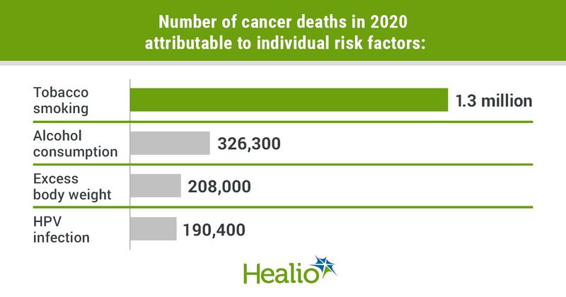 Infographic showing the number of cancer deaths in 2020 attributable to individual risk factors.