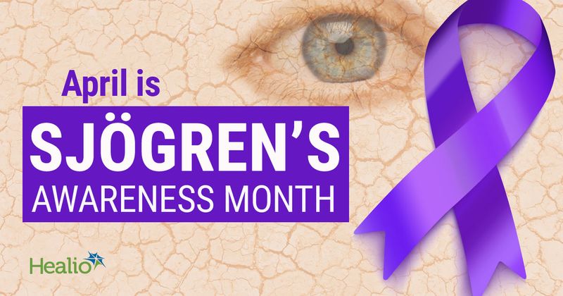 Sjogren's awareness month art Healio; dry eye in background with purple ribbon