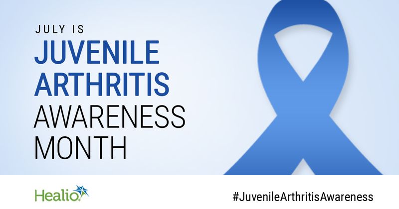 Banner with blue ribbon with text that reads "Juvenile Arthritis Awareness Month