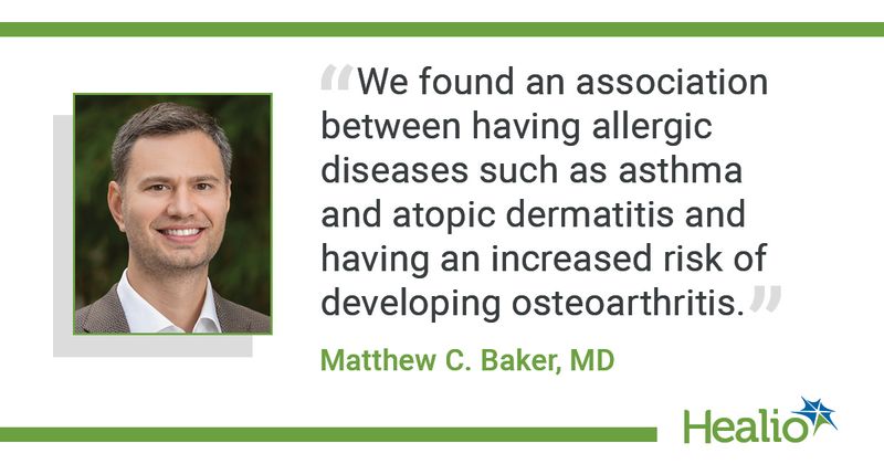 "We found an association between having allergic diseases such as asthma and atopic dermatitis and having an increased risk of developing osteoarthritis." Matthew C. Baker, MD