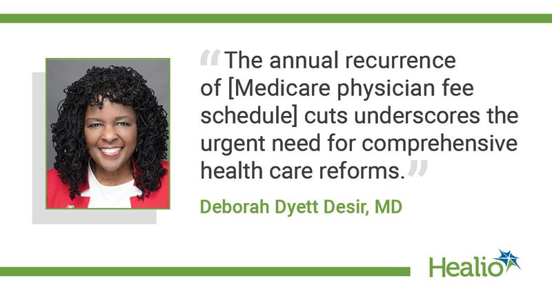 A quote from Deborah Dyett Desir saying, "The annual recurrence of [Medicare physician fee schedule] cuts underscores the urgent need for comprehensive health care reforms."