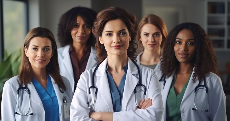 Diverse group of female physicians.