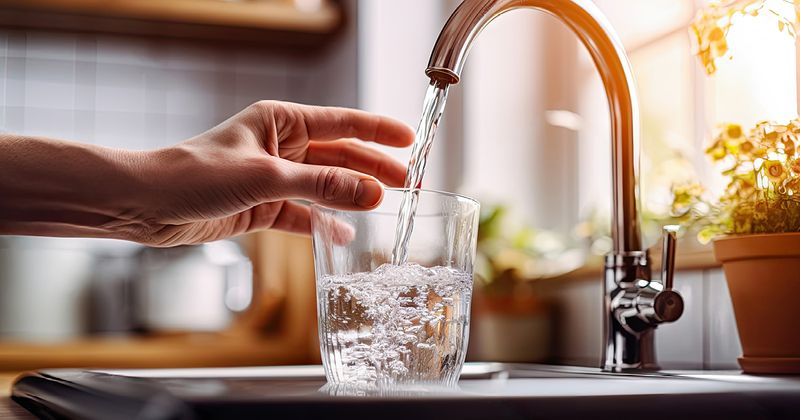 Person filling up glass cup with water from kitchen sink.