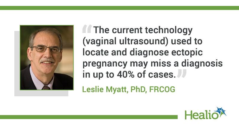 “The current technology (vaginal ultrasound) used to locate and diagnose ectopic pregnancy may miss a diagnosis in up to 40% of cases.” Leslie Myatt, PhD, FRCOG